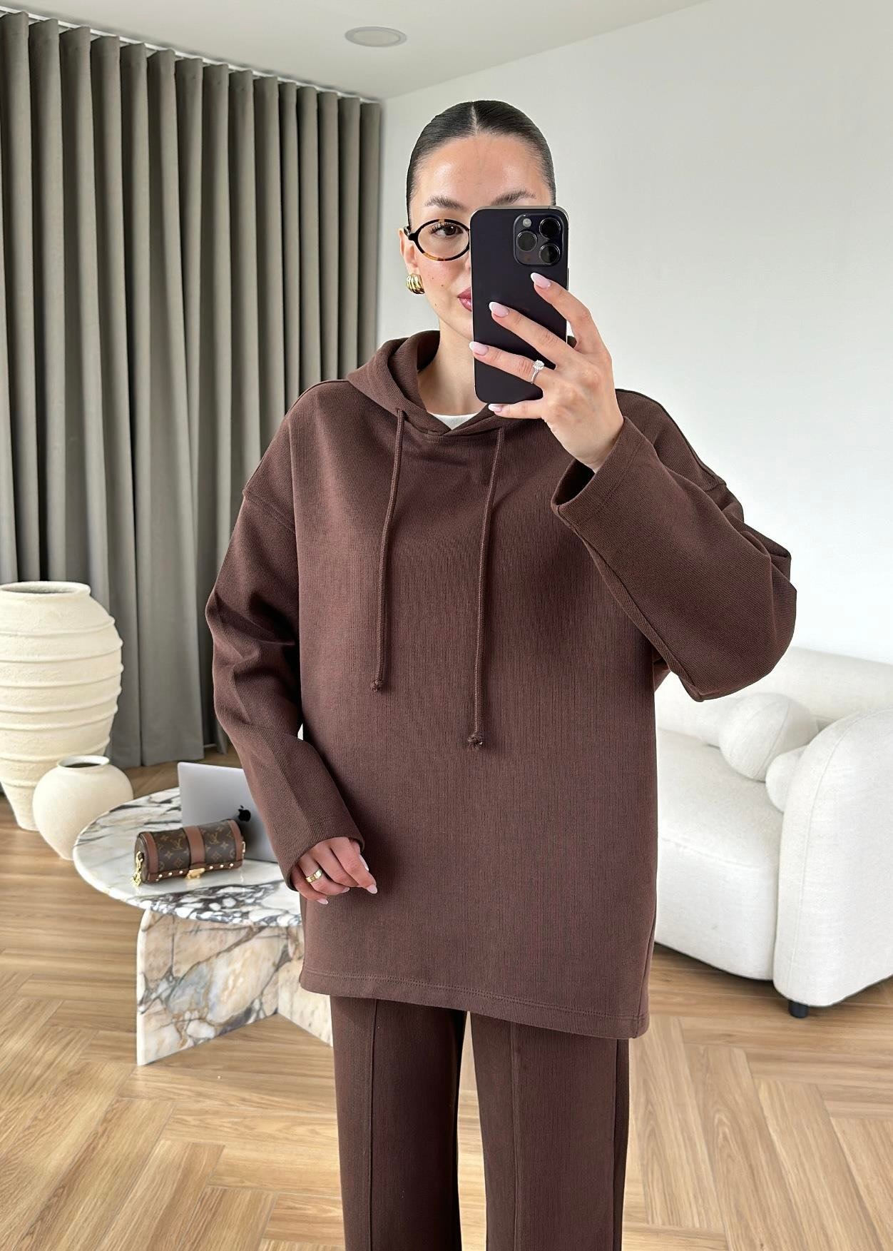 Arkası Uzun Sweat Takım KAHVE