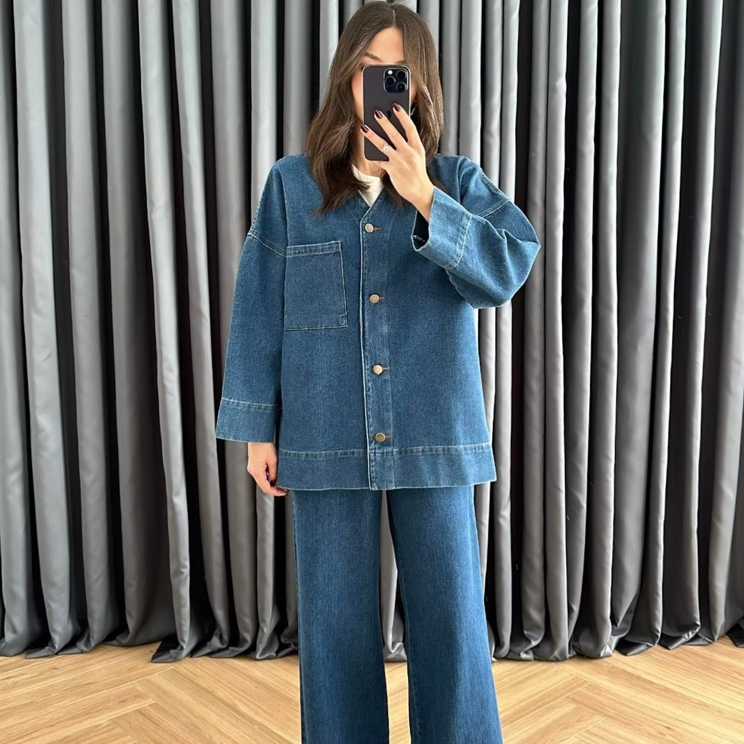 V Yakalı Denim Takım KOYU MAVİ