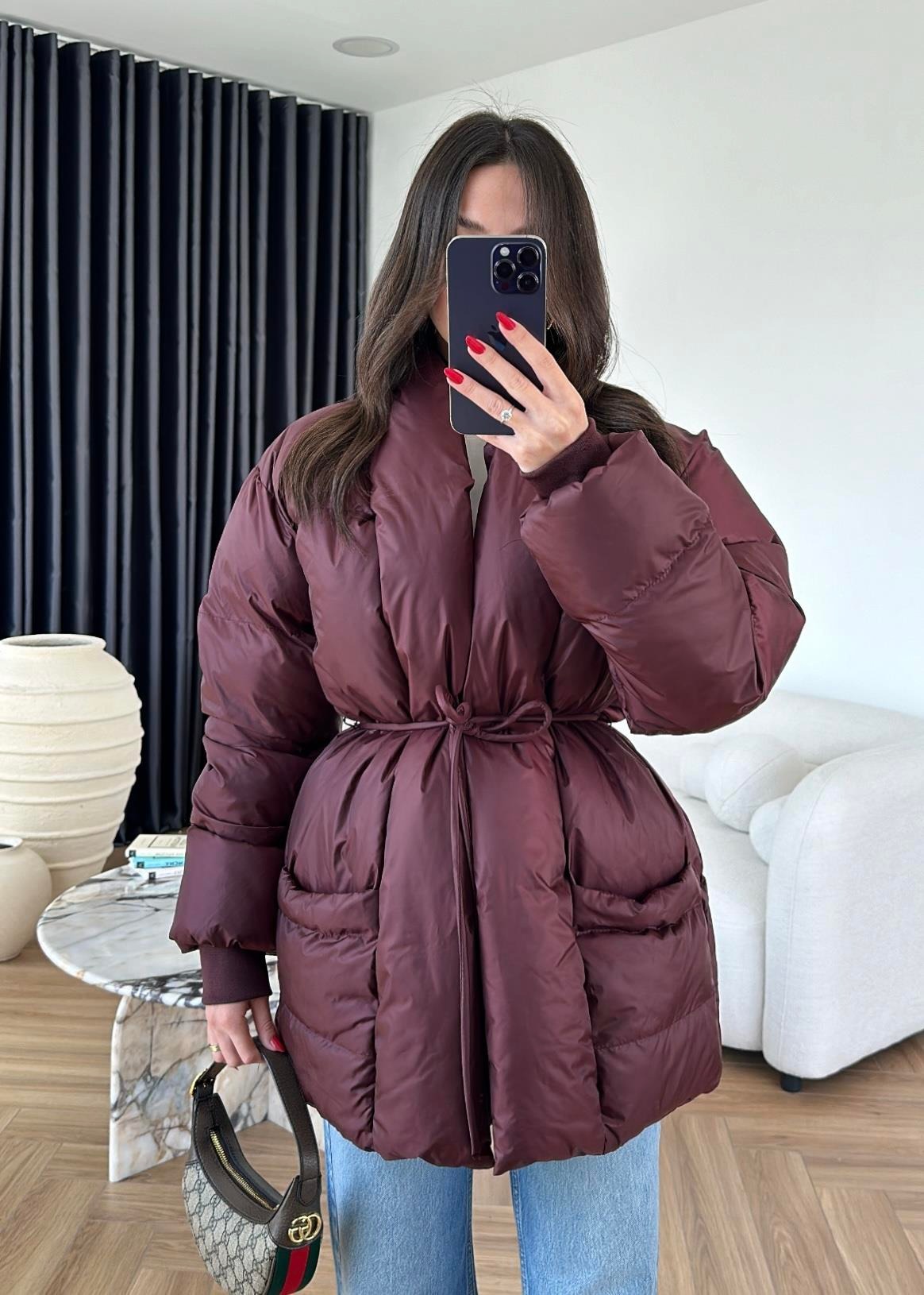 İp Bağlamalı Şişme Mont BORDO