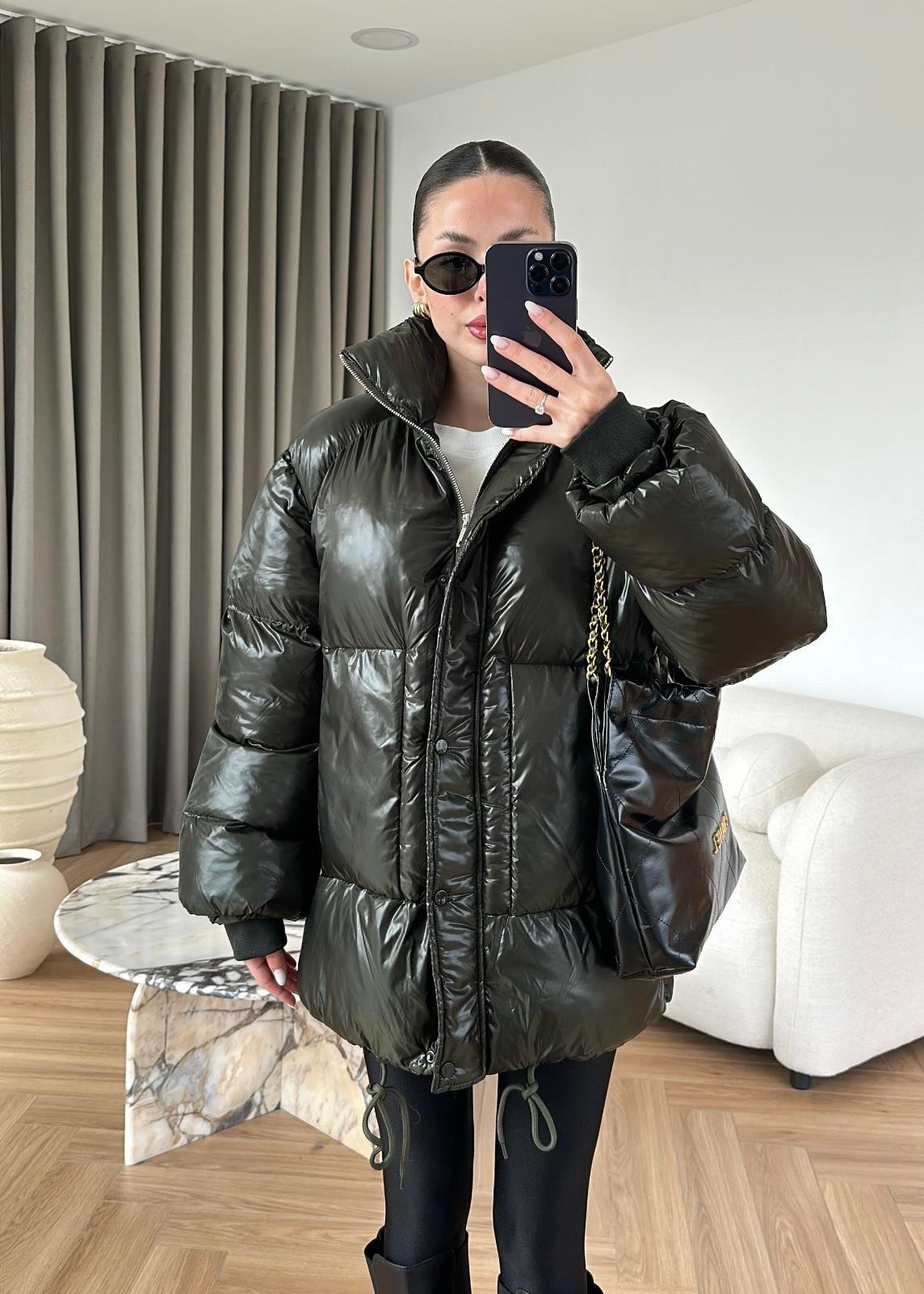 Parlak Dokulu Şişme Mont HAKİ