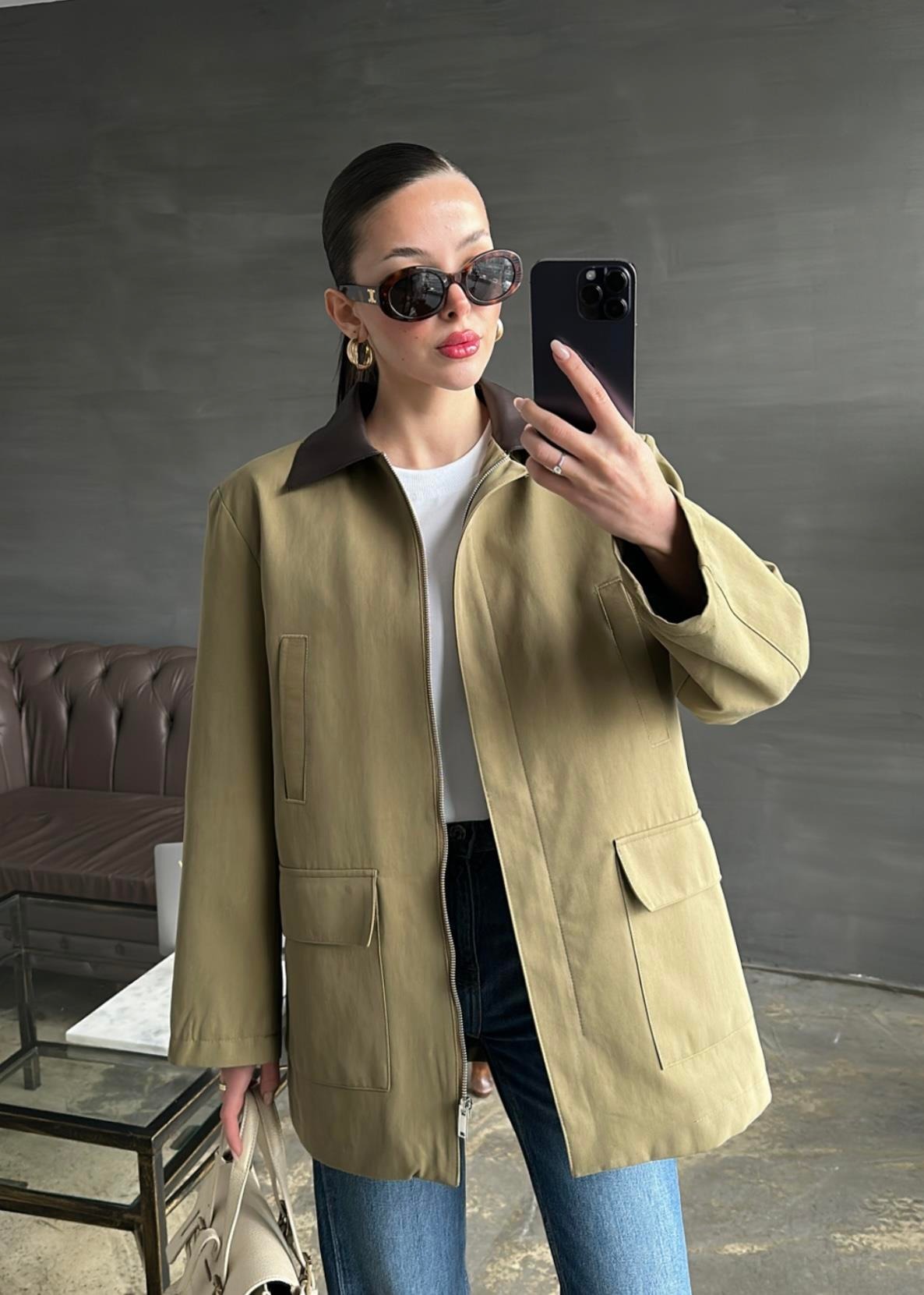 Yakası Deri Detaylı Parka HAKİ