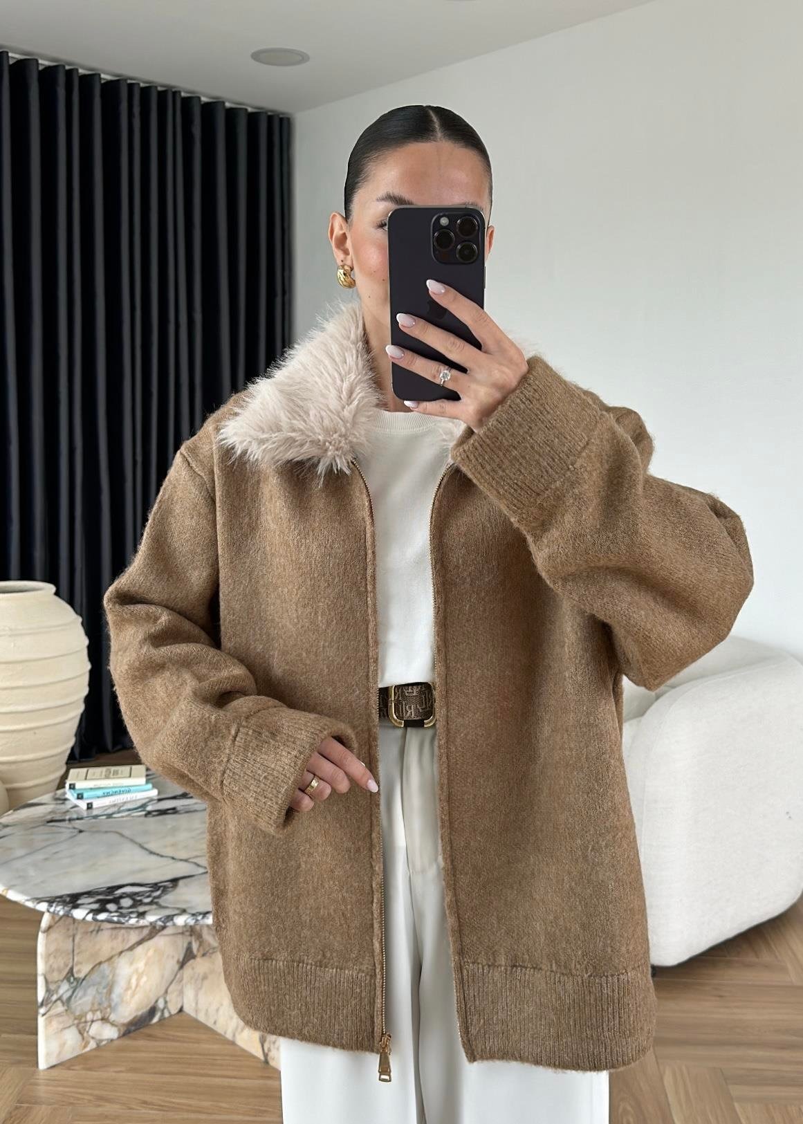 Çıkarılabilir Kürklü Hırka CAMEL