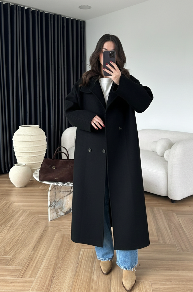 Dik Yakalı Kuşaklı Kaban SİYAH