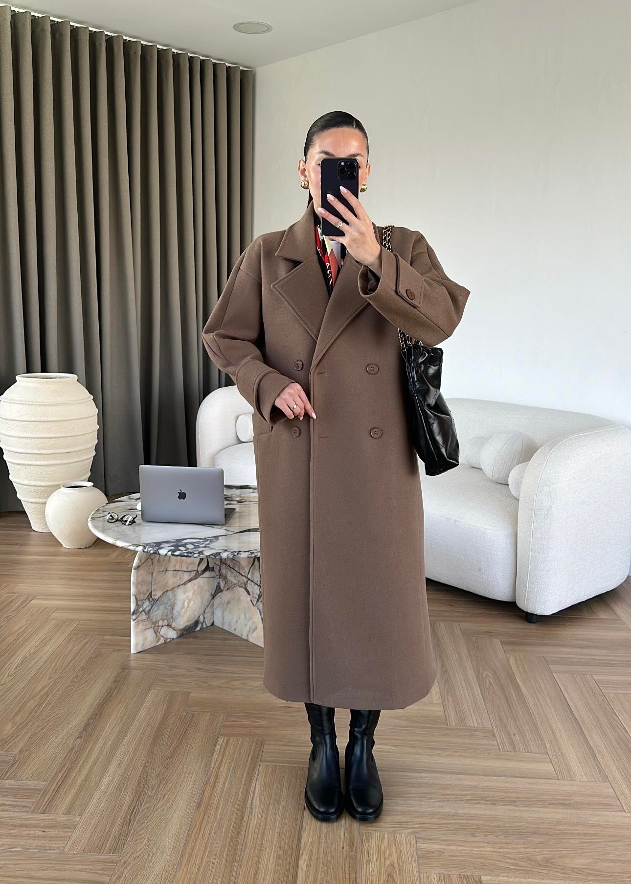 İki Düğmeli Kuşaklı Kaban AÇIK KAHVE