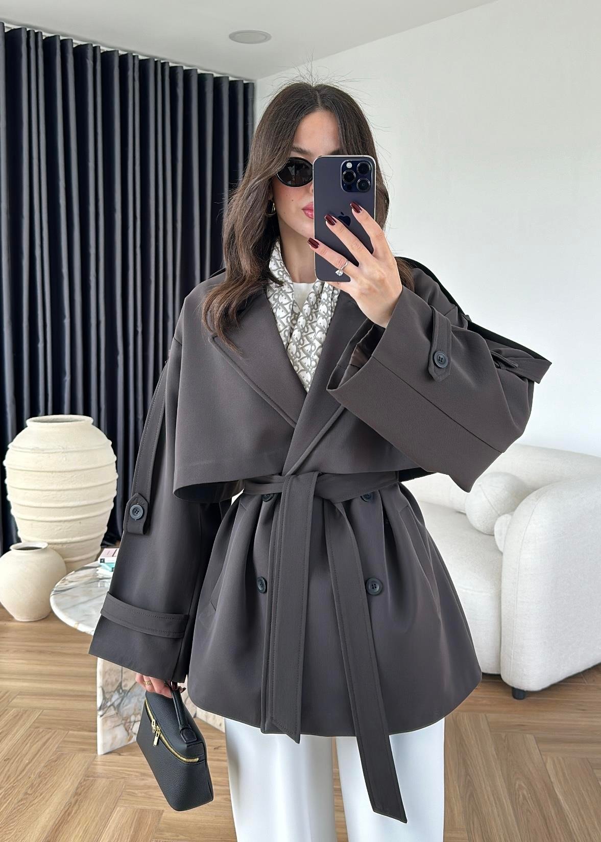 Rüzgarlıklı Ara Boy Trençkot GRİ KAHVE