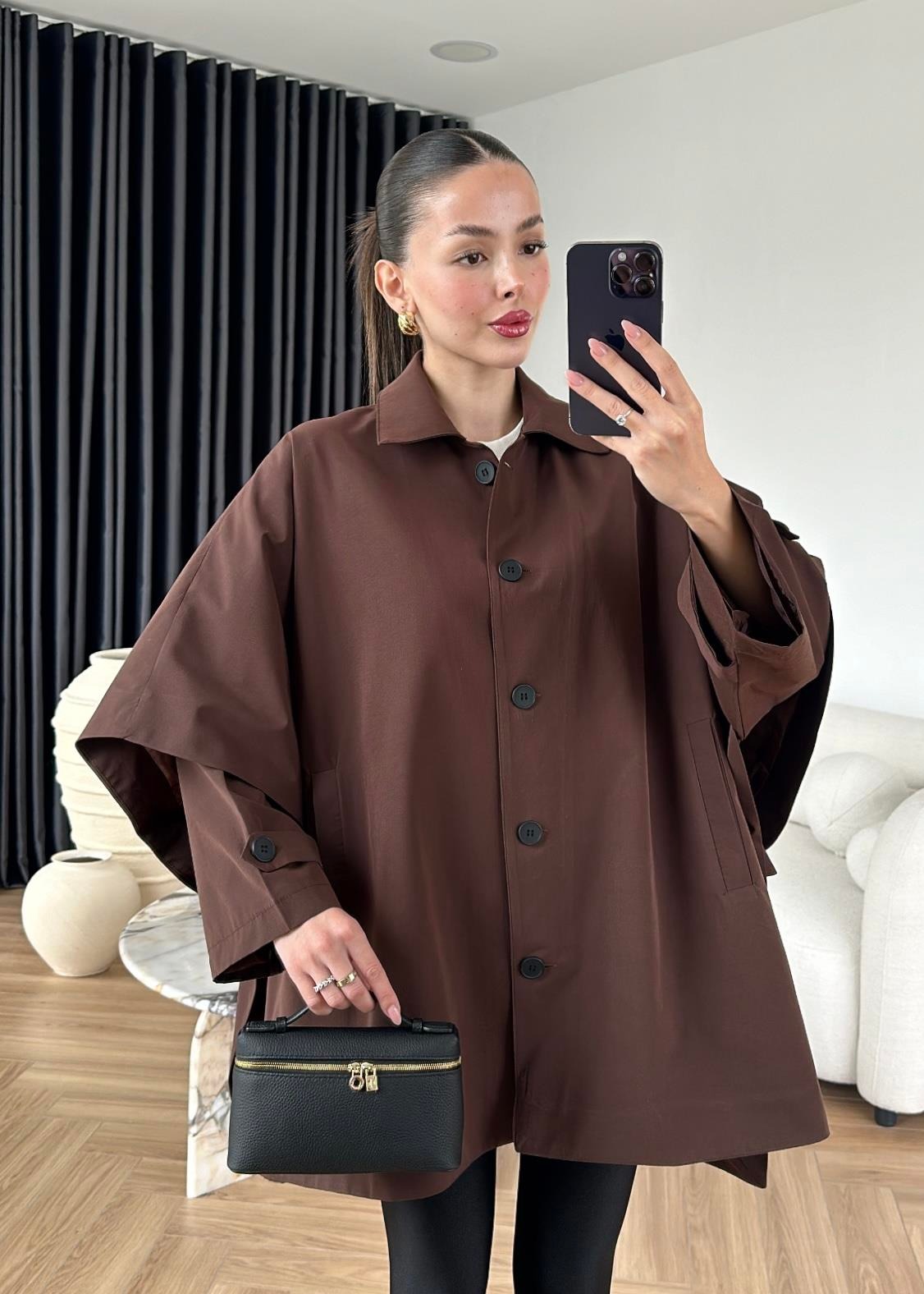 Uzun Kollu Pelerin Trençkot KAHVERENGİ