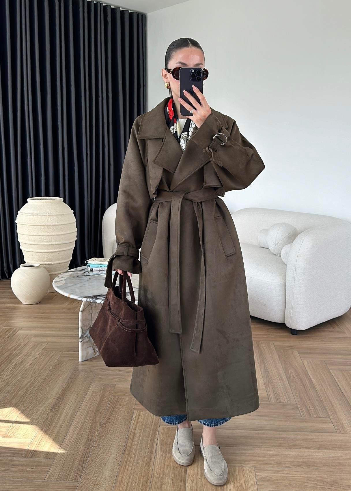 Apoletli Süet Trençkot ACI KAHVE