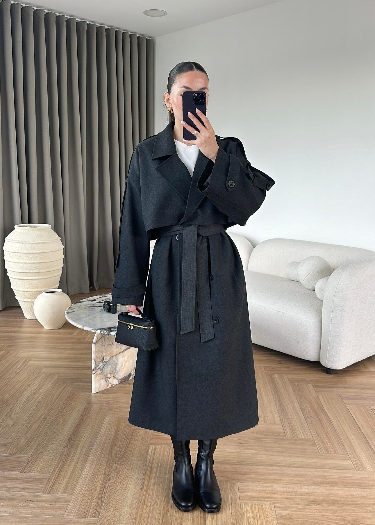 Omuzu Uzun Apoletli Trençkot FÜME